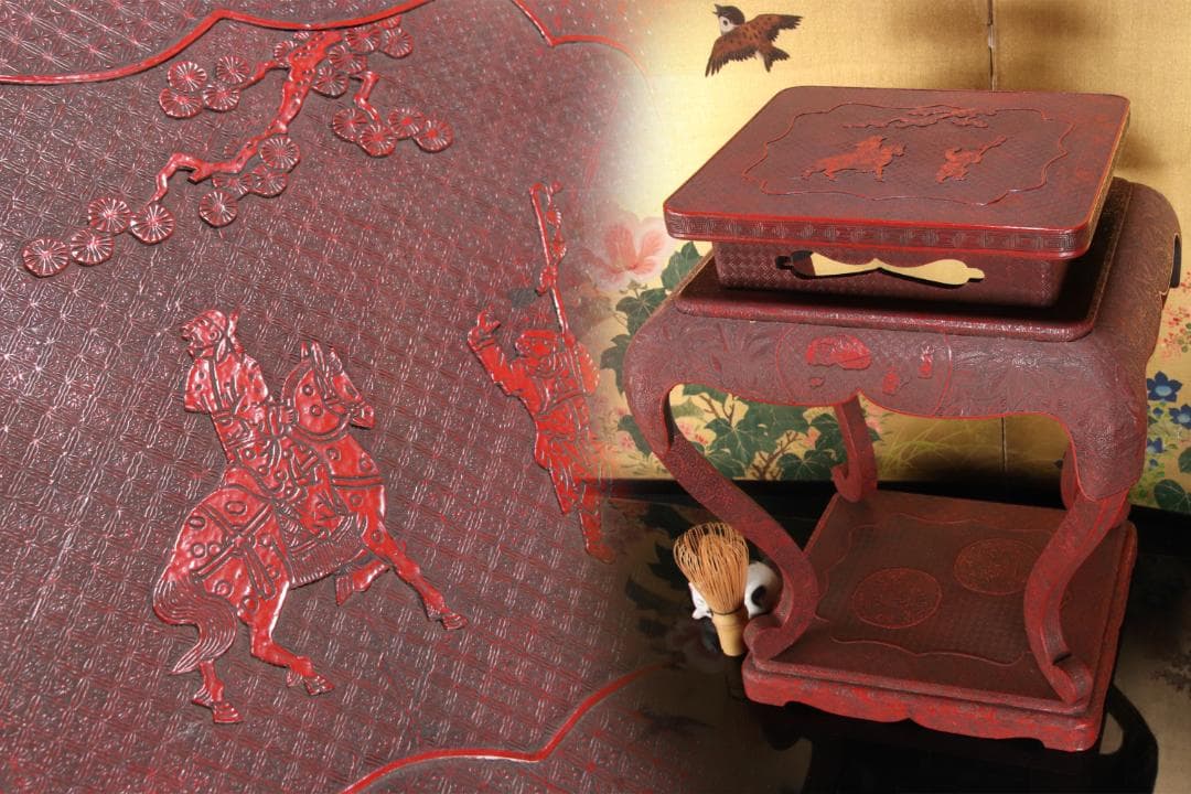 EE020　中国古玩 唐物 花唐草彫文 堆朱 高卓 花台 飾台 香炉台 45cm GMHH305○座卓 中国美術 花鳥図 花梨 飾り台 香炉台 花台 盆栽台 ロー