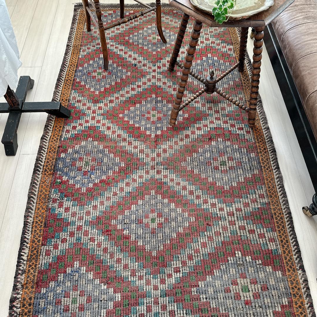 トルコ製ヴィンテージラグ940レア 大判 オールドキリム ジジム ブルー レッド オールドキリム トルコ シワス 110×192cm 1940年代 ヴィンテージラグ