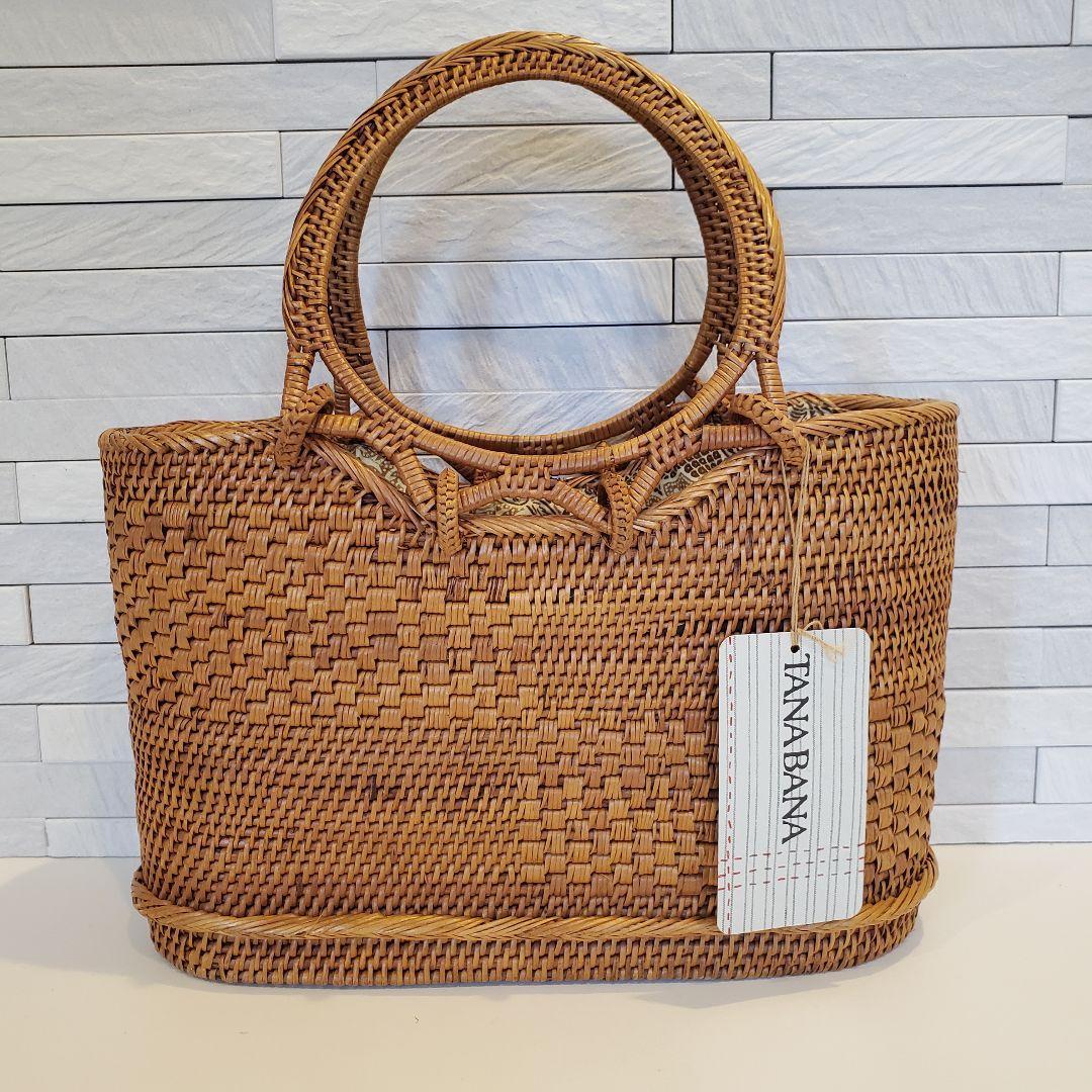 【TANABANA】 未使用 かごバッグ ナチュラルブラウン アタ ラタン アタ ラウンドバッグ バリ ラタン(籐) かごバッグ バティック柄 バリ島