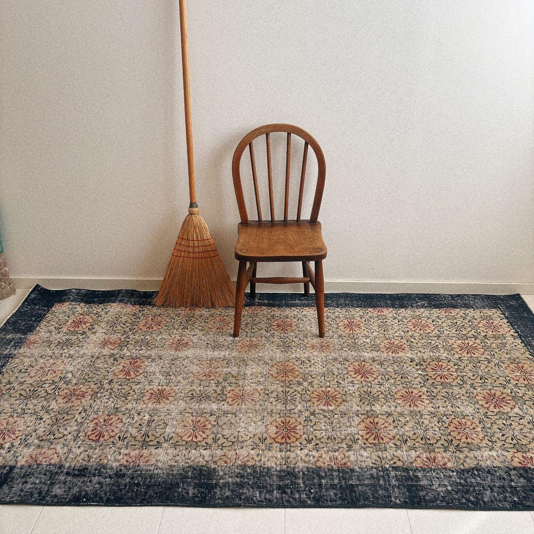 ハト 　トルコ　ヴィンテージラグ　ボタニカル　ネイビーフレーム 59×122 くすみピンク ネイビー ボタニカル トルコヴィンテージラグ