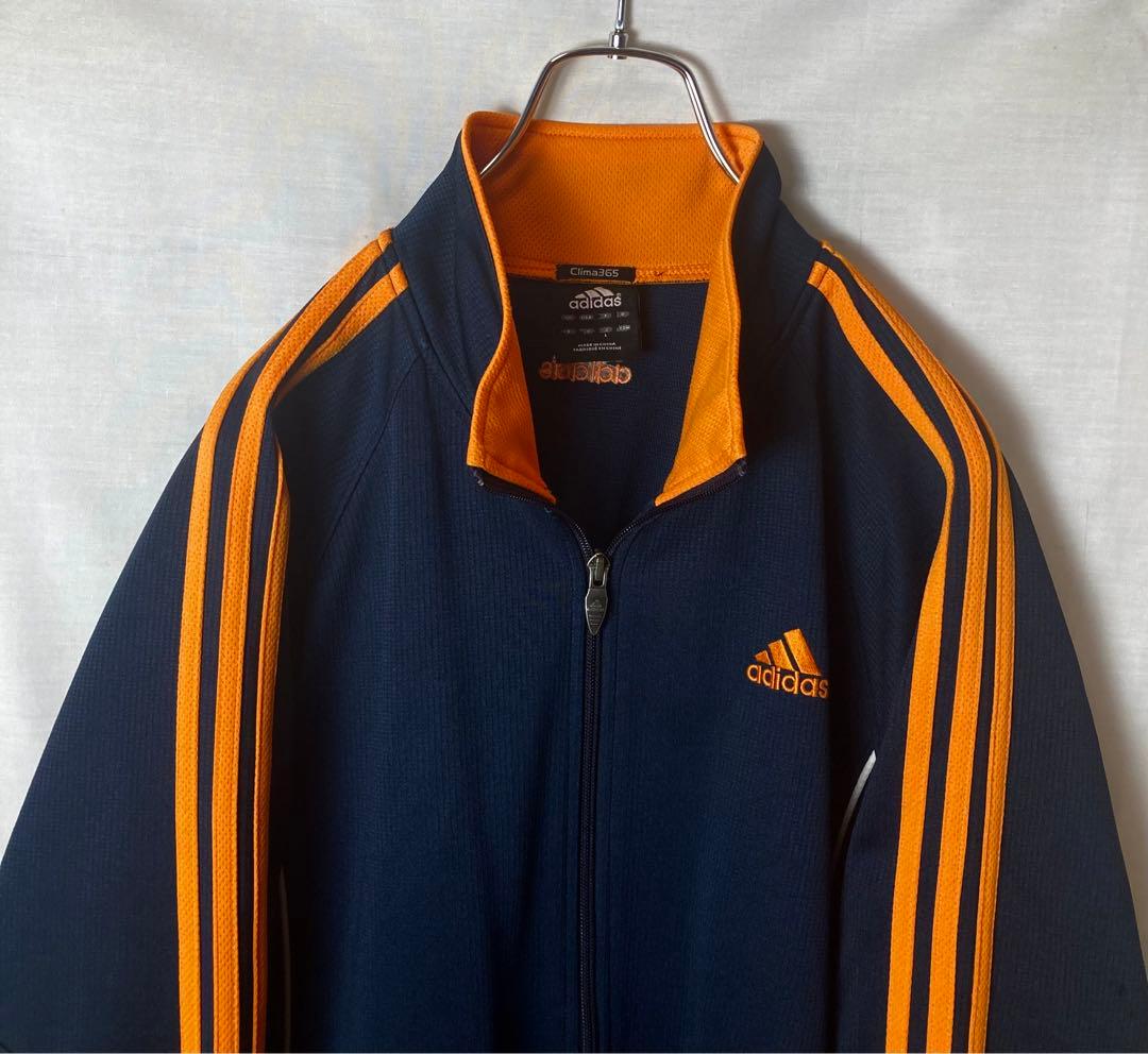 adidasオレンジ×ネイビー ジャージトラックジャケット刺繍ロゴ三本線