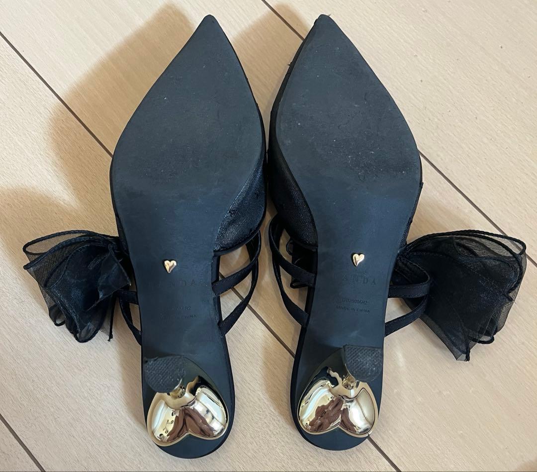 RANDA シフォンリボンハートミュールパンプス 25.5cm ブラック ランダ