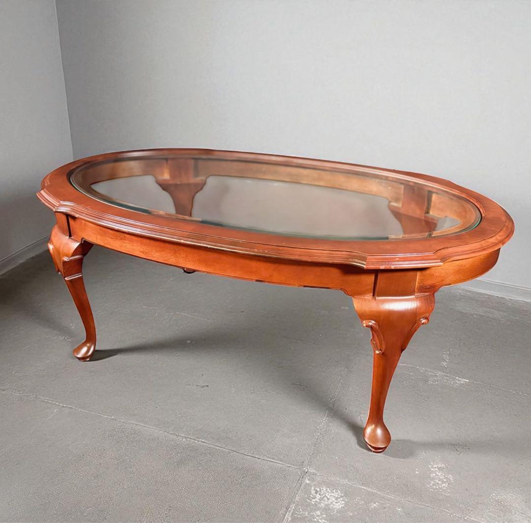 HR783 ETHAN ALLEN ガラストップテーブル　猫脚　コーヒーテーブル ローテーブル 猫脚アンティーク風 [幅80] 完成品 GraceWhite