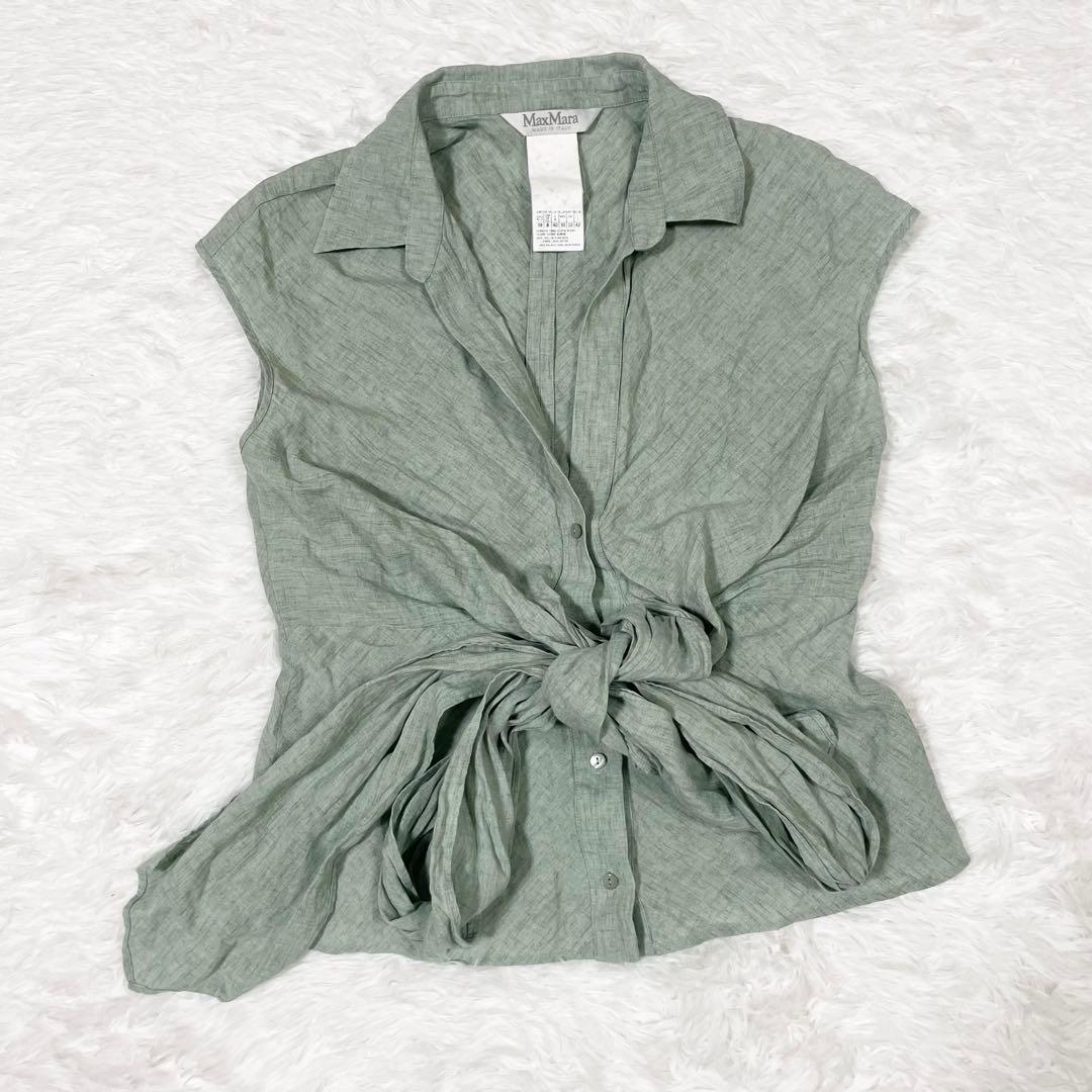 マックスマーラ 最高級 白タグ リネン100% シャツブラウス ウエストリボン付 ショック] ピュア コットン ポプリン シャツ, optical white | Max Mara