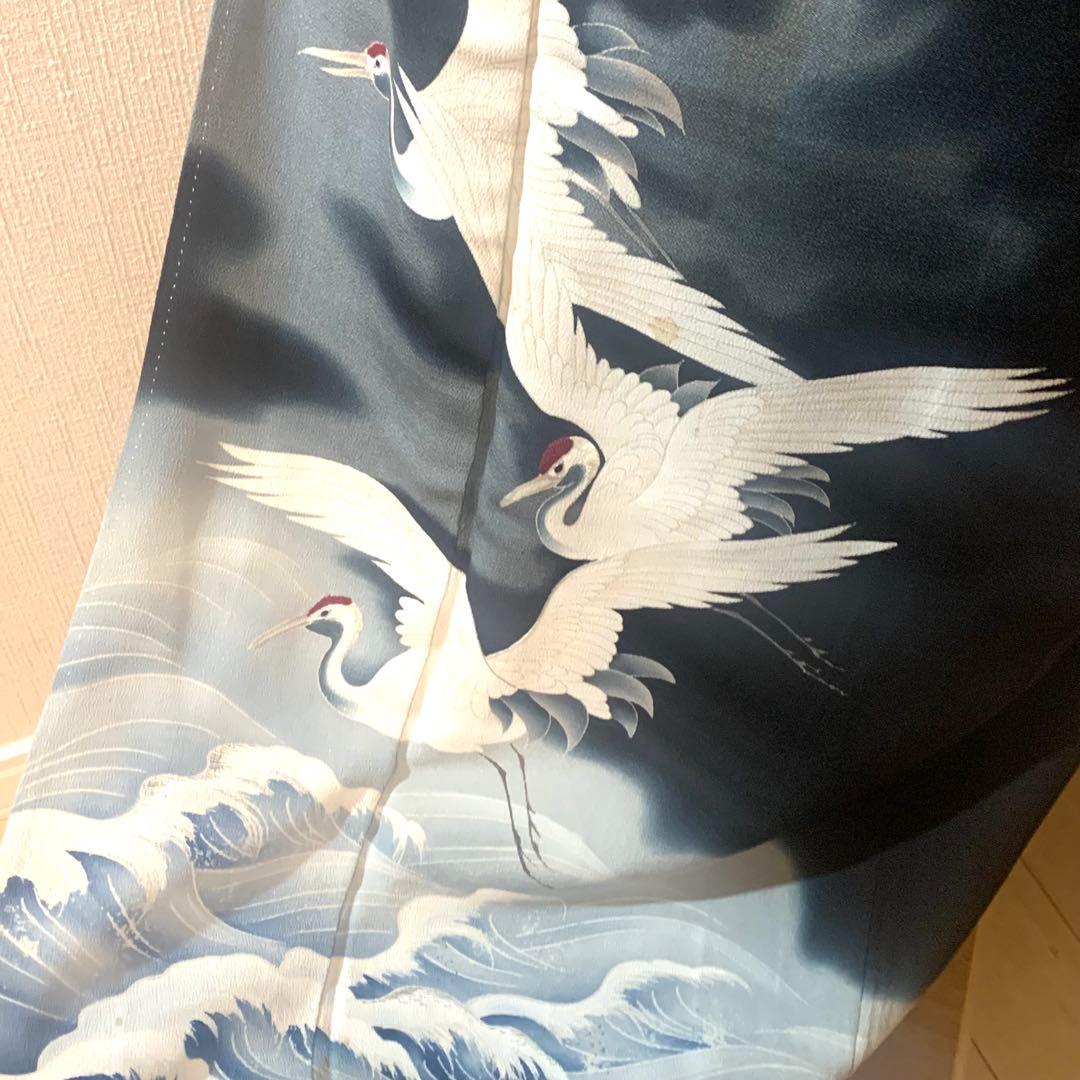 A70⭐️アンティーク着物　大正ロマン　黒留袖　鶴　5つ紋　縮緬　錦紗　逸品 着物 黒留袖 五つ紋 鶴 松 波紋 江戸妻 アンティーク /1007 : キモノ