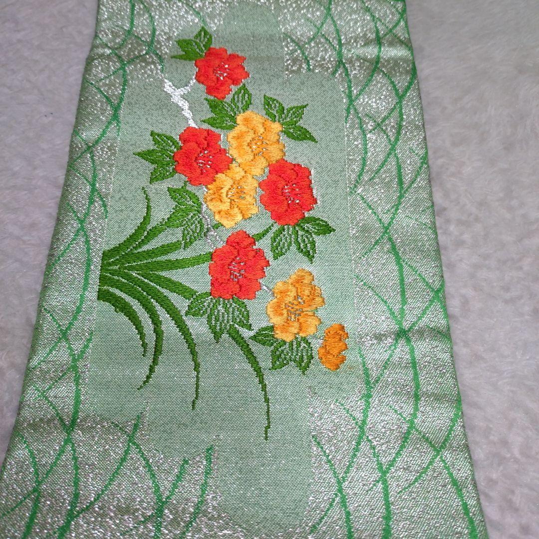 名古屋帯 花柄刺繍 緑鮮やか - メルカリ