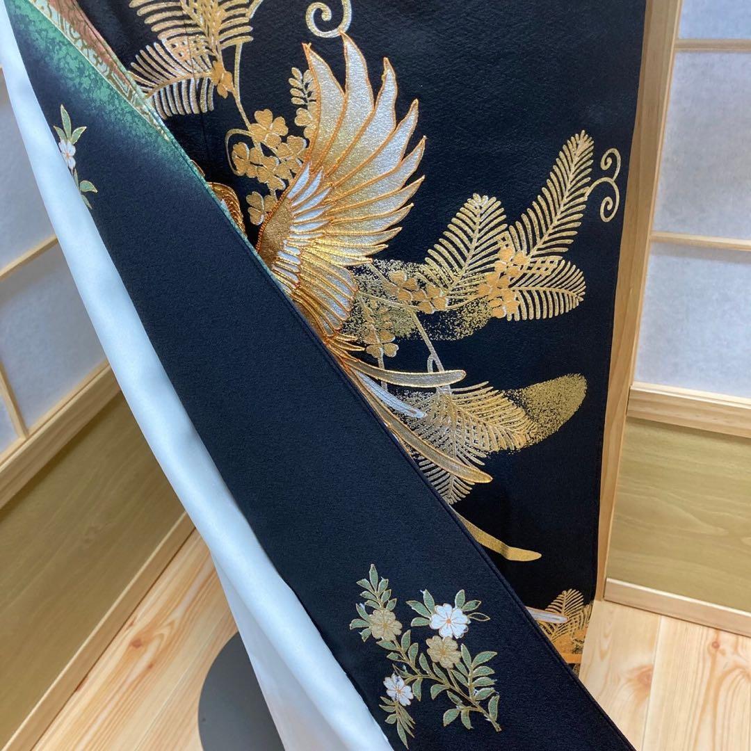 1003］黒留袖 美品 鳳凰蜀江 比翼付 五つ紋 違柏 金彩 正絹 着物 袷