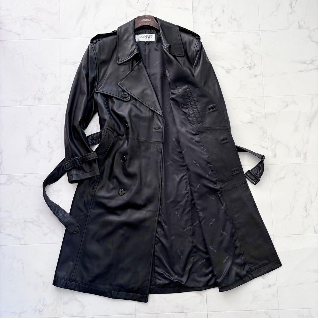 美品 バルマン レザーコート ロング丈 トレンチ ベルト ラムレザー 羊