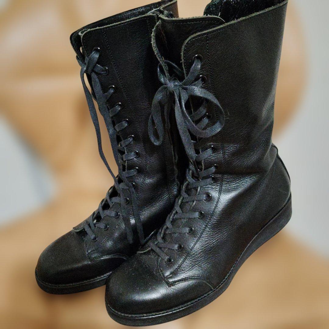 ヨウジヤマモトレザーブーツ　レースアップ24 黒 ヨウジヤマモト ファムYohji Yamamoto FEMME メダリオンサイドジップ