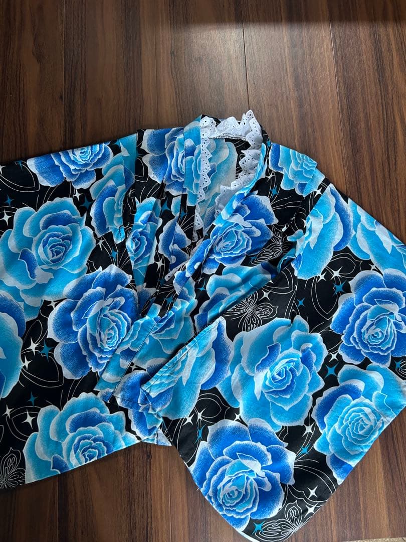 姫ギャル　浴衣ドレス　量産地雷Y2K 平成ギャル　薔薇ばらバラ　黒×青　130