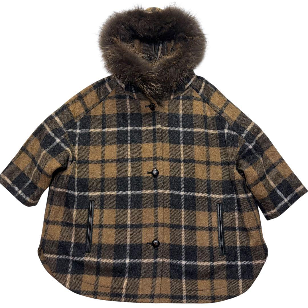 ダイアグラム　ラクーンファー コート モヘヤ　2way チェック　ファー　クルミ ダイアグラム ラクーンファー コート モヘヤ 2way チェック ファー クルミ