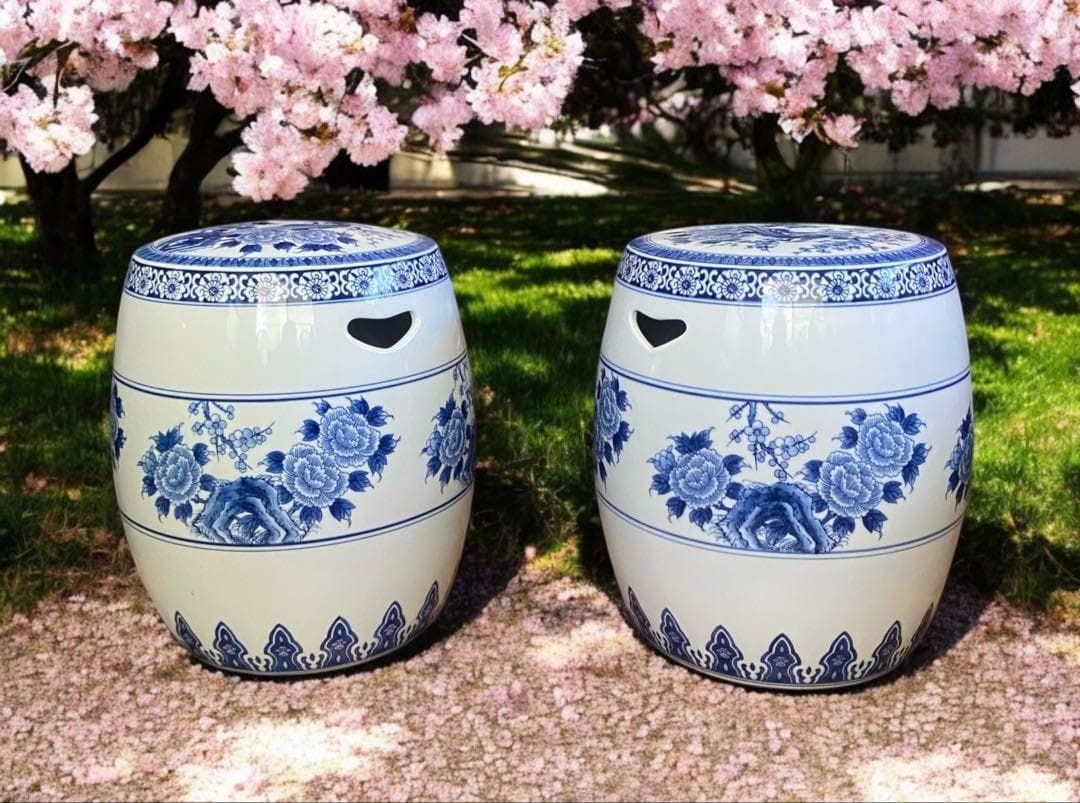 2個★シノワズリスタイルの陶器製ガーデンスツール　高さ40cm　座面直径29cm 2個☆シノワズリスタイルの陶器製ガーデンスツール 高さ40cm 座面直径