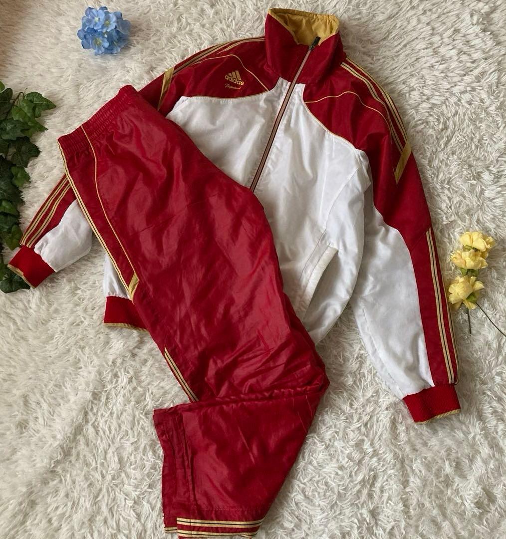 adidas ジャージセットアップ 白 赤 バックロゴ シャカシャカ Mサイズ