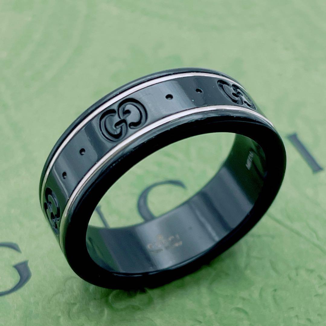 GUCCI アイコンリング 18号 ブラック インターロッキング ゴールド750