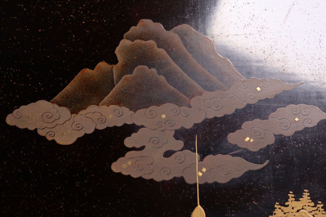 時代 楼閣山水蒔絵 総梨地 冠卓 二段卓 木製 覆輪 金蒔絵 花台【MA662