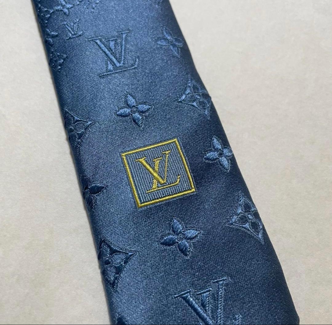 ルイヴィトン LV 光沢ブルー系 モノグラム ネクタイ 箱付 イタリア製