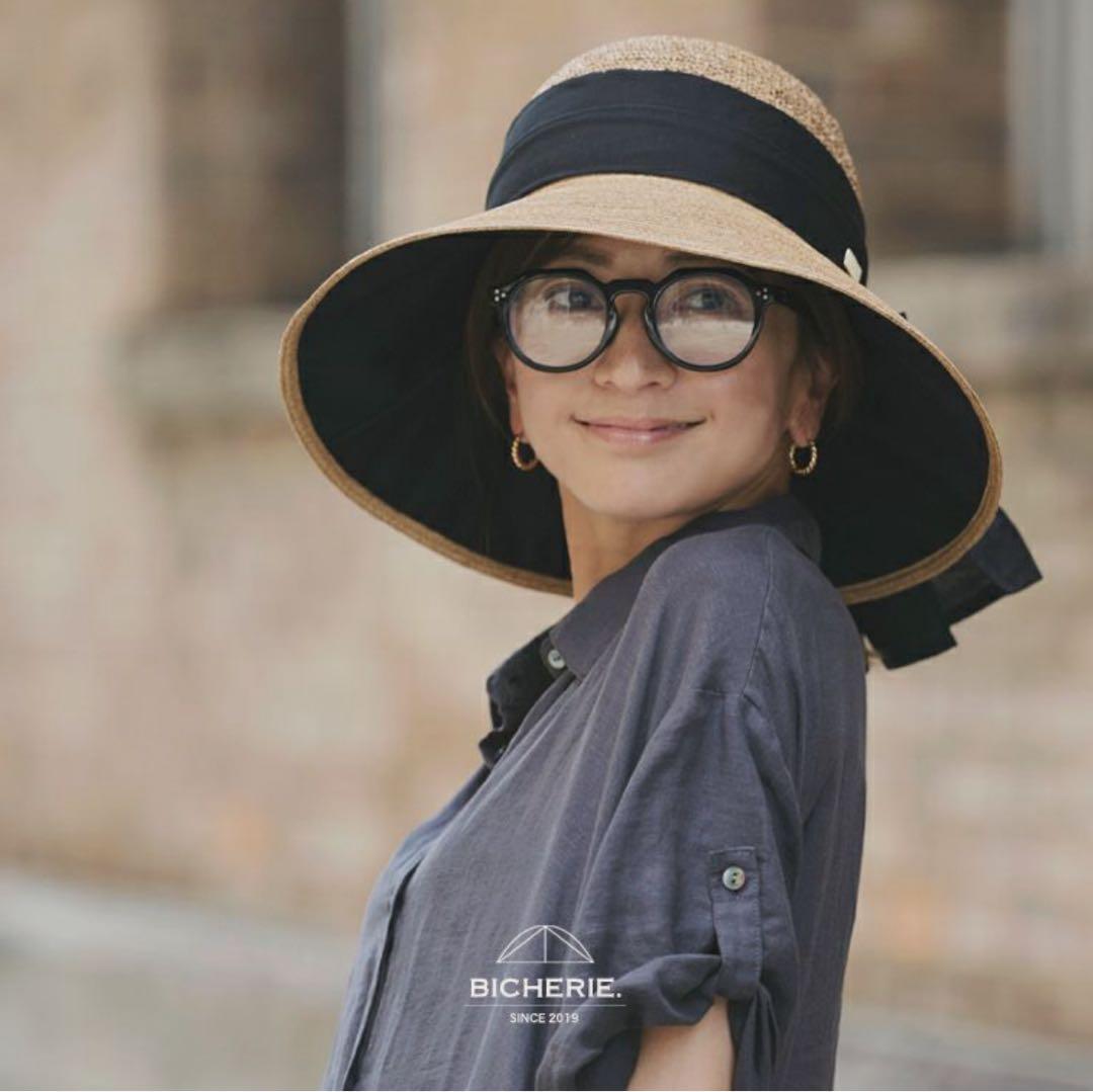 【美品】BICHERIE　ビシェリ　100%遮光　麦わら帽子　ハットリボンつば広 楽天市場】限定クーポンあり☆スーパーSALE100% 完全遮光 日本製