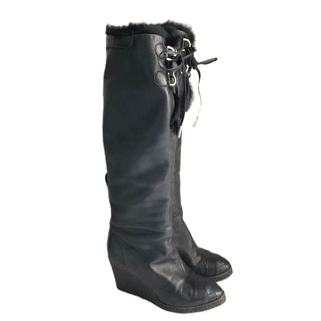 CHANEL 39(24.5cm) 黒レザー ロングブーツ CC ウェッジソール