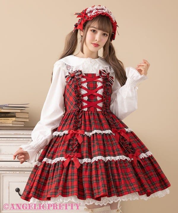Angelic Pretty タータンチェック肩リボンジャンパースカート 赤