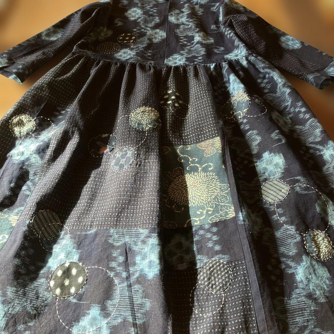 絣リメイク Mサイズ刺し子＆アップリケ シンプルワンピース ギャザー