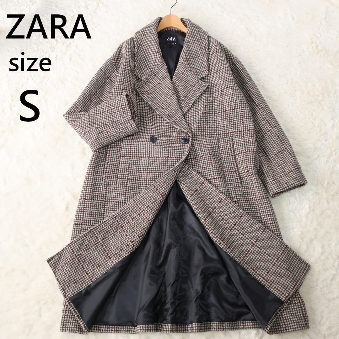 ザラ ZARA ロング チェスターコート 千鳥格子 チェック柄 ウール混 S