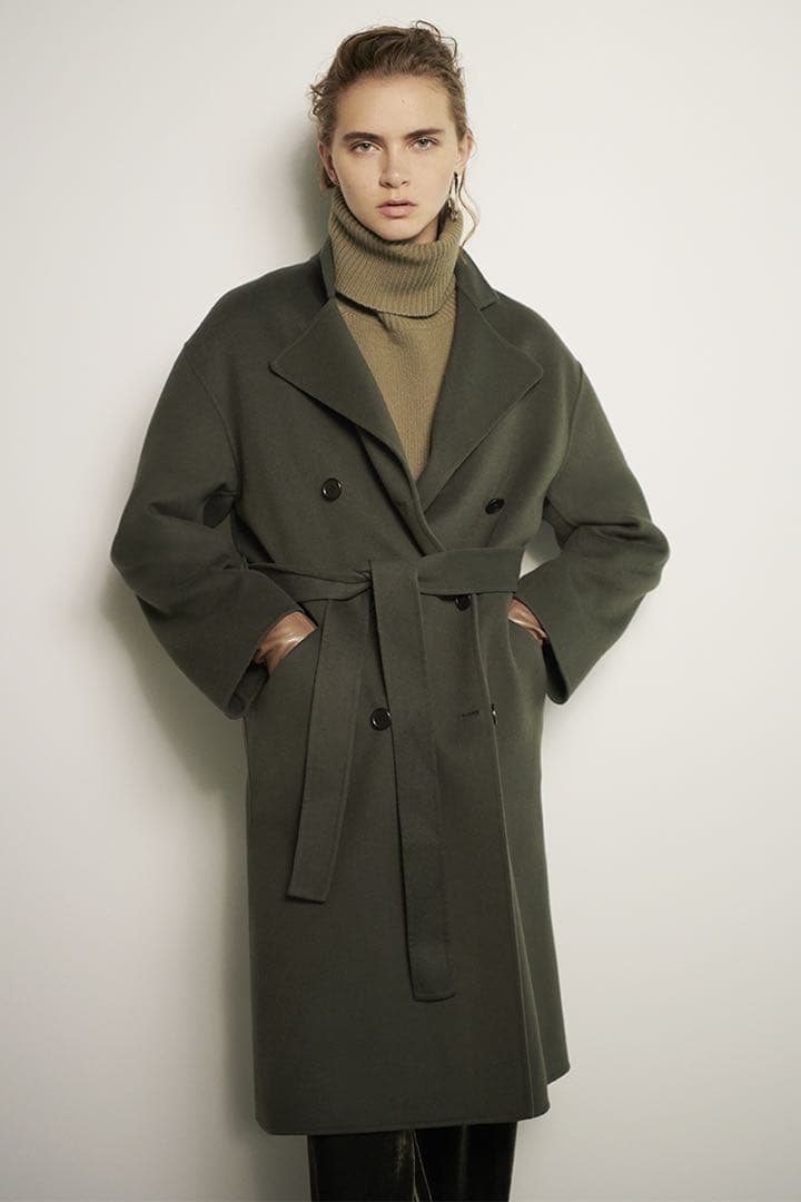 美品❤️Theory ロングコート　ダブル　カーキ　ベルト　カシミヤ　ウール　S Theory - 美品 セオリー theory コート ベルト付き ロングコート