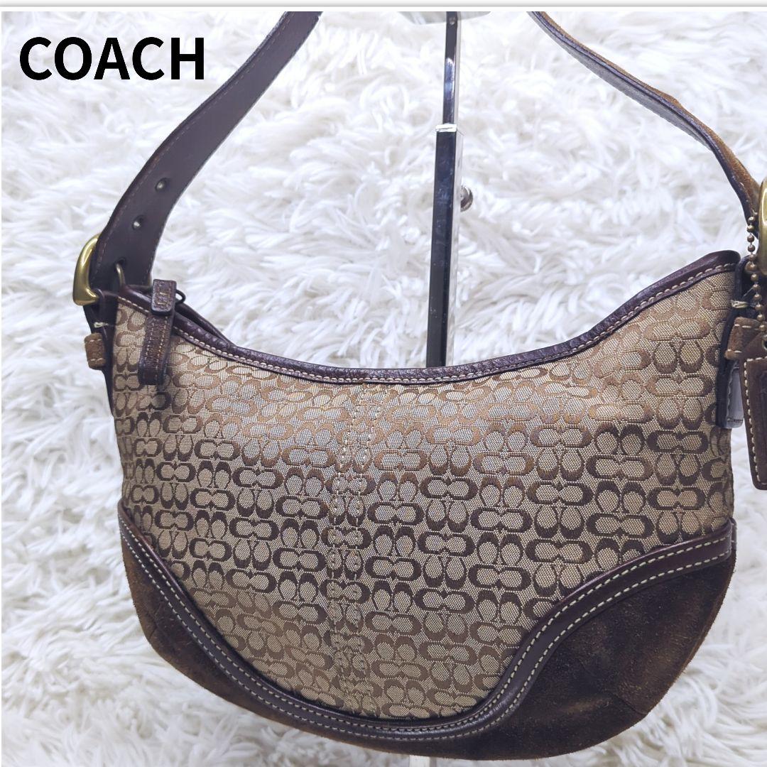 良品✨コーチ アクセサリーポーチ キャンバス スエード 茶 シグネチャー6351 良品✨コーチ アクセサリーポーチ キャンバス スエード 茶