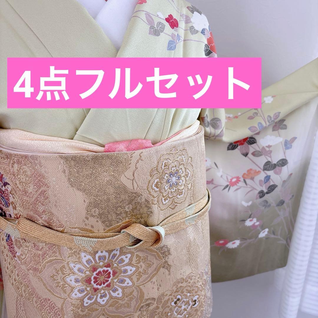 美品 訪問着フルセット4点 友禅 花柄 淡いグリーン トールサイズ 裄長