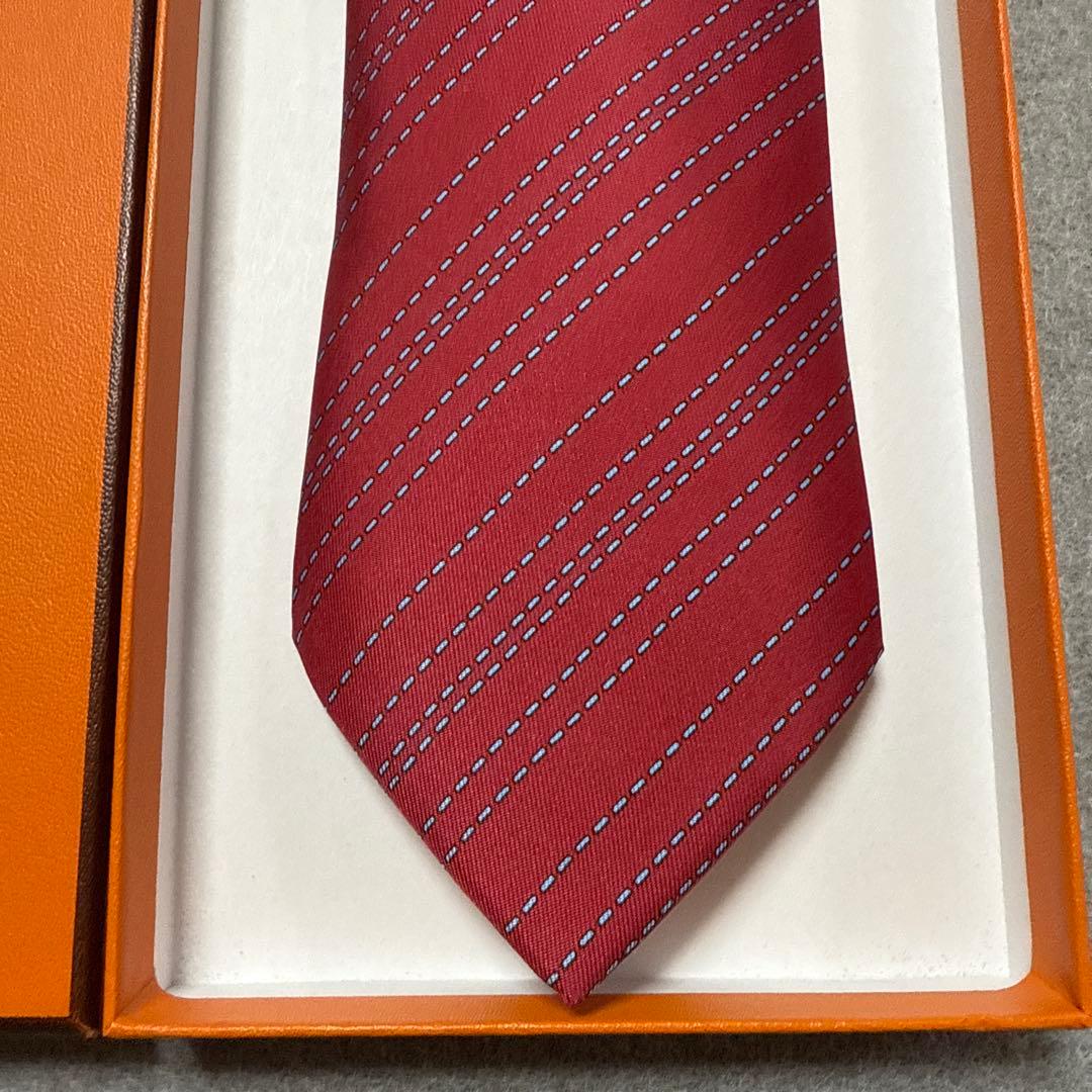 極美品 エルメス ネクタイ 赤 ストライプ シルク