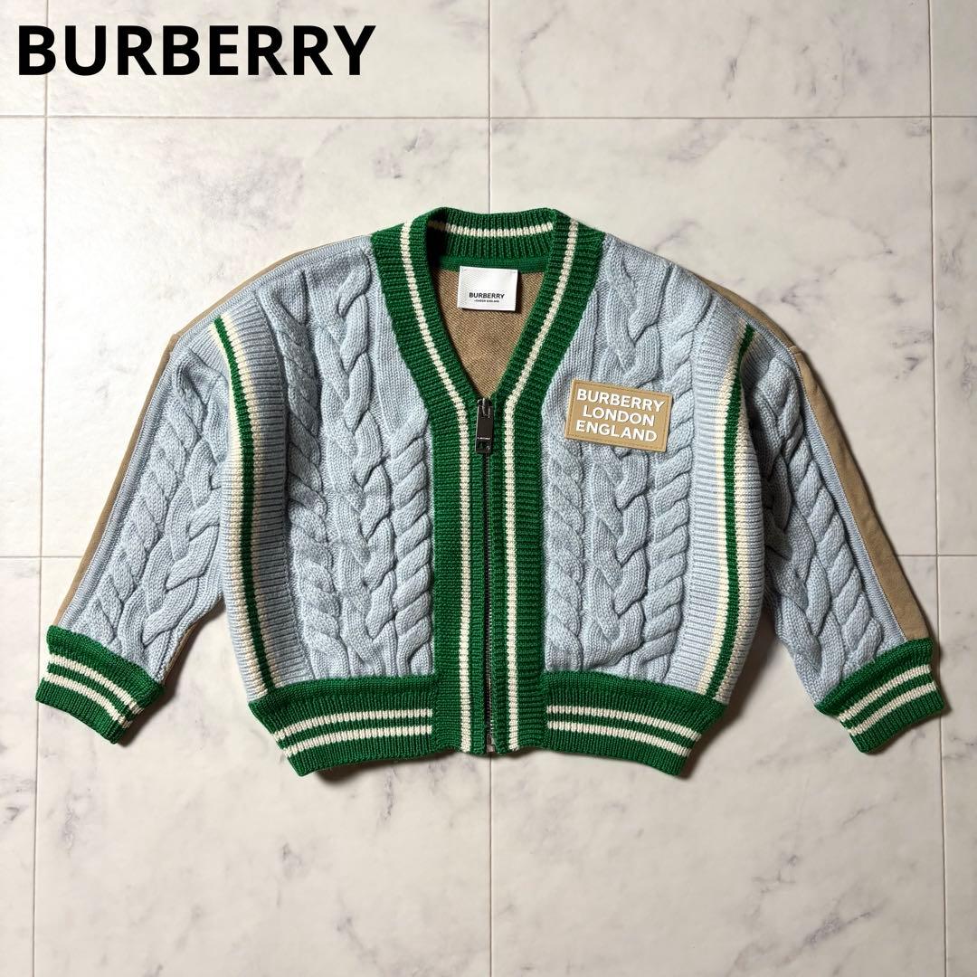 【美品】現行 バーバリー ラバーロゴ ケーブル ニット ジャケット 104cm イングランド製 Burberrys Logo Cable Knit Sweater S / バーバリー