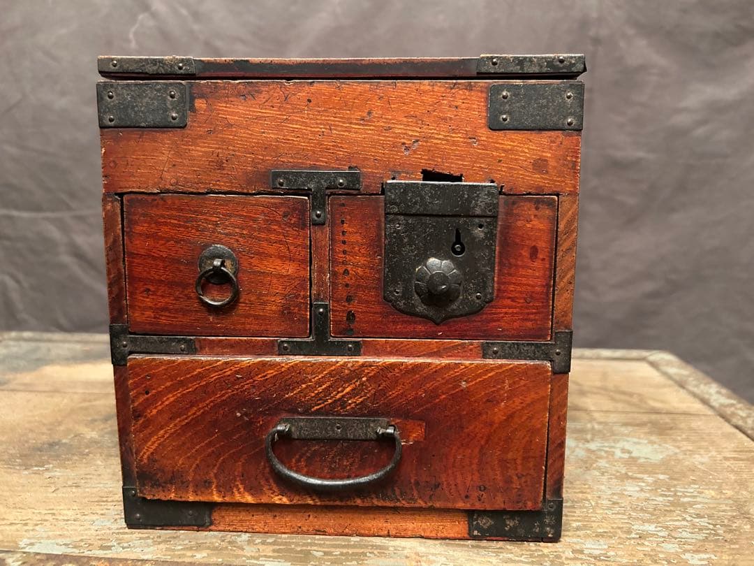 SELL8/15まで【送料無料】デッドストック 硯箱 古民具 アンティーク 硯箱 掛け硯 小引出し 小物入れ 時代金具 日本製 明治時代 日本の道具