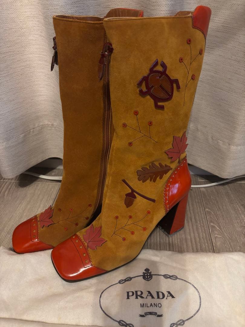 PRADA 1999年 ブーツカブトムシと落ち葉 24.5 プラダ PRADA Green Leaves boots — ORNAMENTAL EXCESS