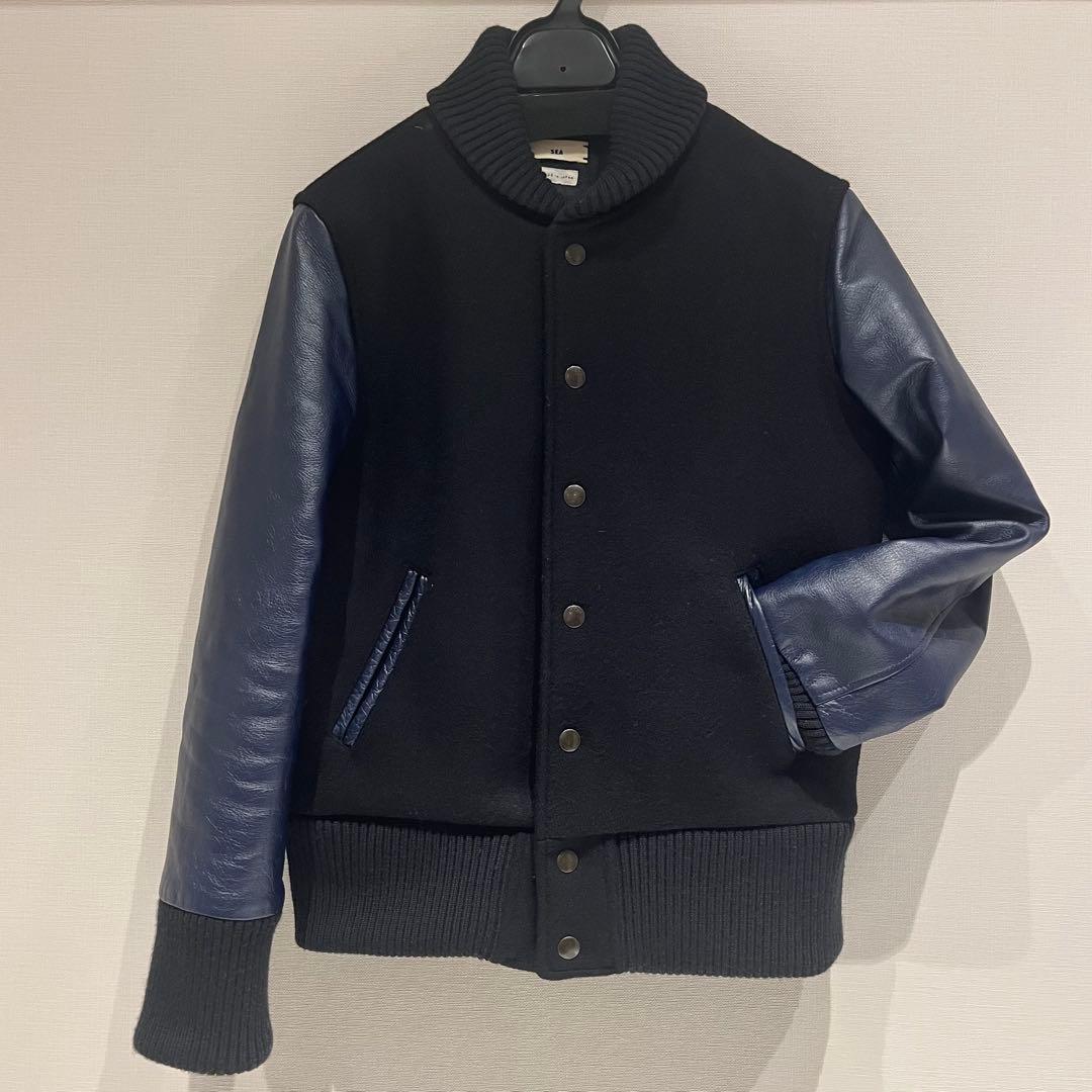 SEA レザー&ウール ジャケット ヴィンテージライクフェイクレザー スポーツジャケット