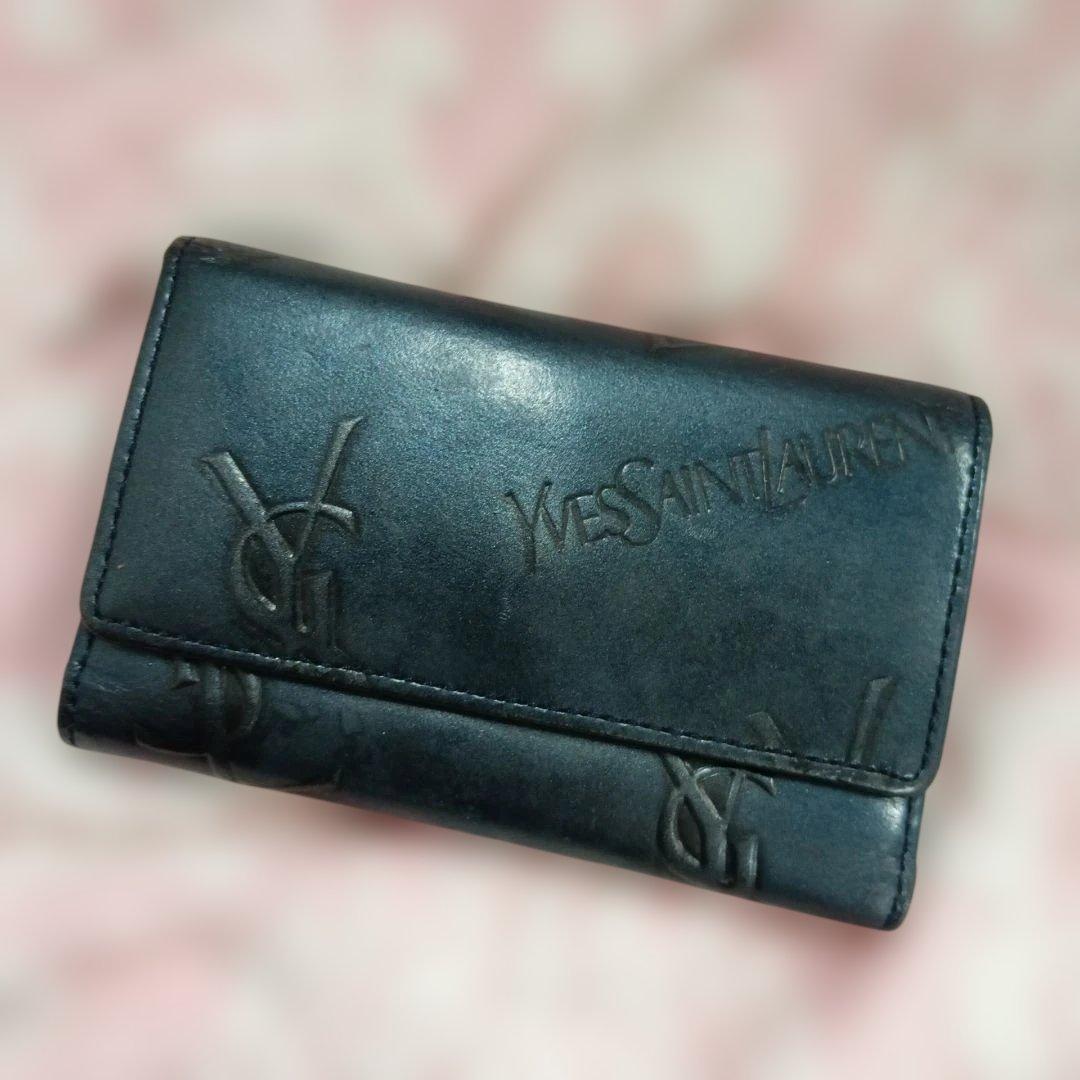 80s イヴサンローラン キーケース シルバーブルー 5連 ロゴ YSL OLD