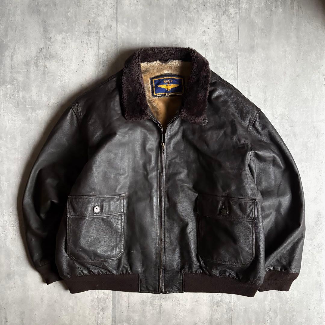 【90s US NAVY】G-1 フライトジャケット　本革　襟ボア　短丈　古着 90s vintage】G-1 フライトジャケット ボンバージャケット 襟ボア 本革