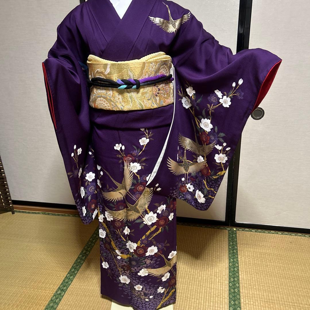 中古美品紫色の鶴と花の金彩友禅中振袖 と袋帯　長襦袢の3点セット 中古】 振袖 長襦袢付き 2点セット 成人式 振り袖 正絹 紫 藤 簾 地紙