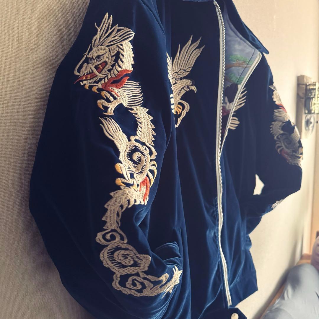 50s復刻 ベルベットスーベニアジャケット 刺繍ドラゴン鷲 ネイビーXL