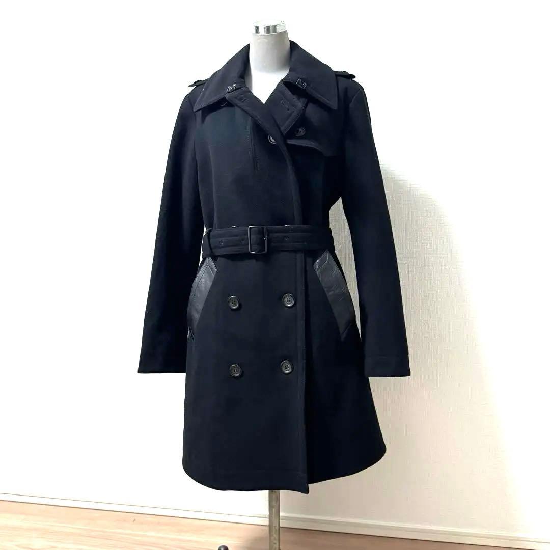 COACHウールトレンチコート革ポケットSブラック COACH（コーチ）の「レザー ダブル ブレステッド トレンチ コート