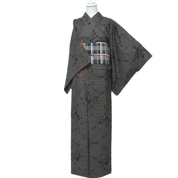 本場大島紬 着物 泥染 7マルキ 一元式 椿 裄65 M～L 中古 sn1758