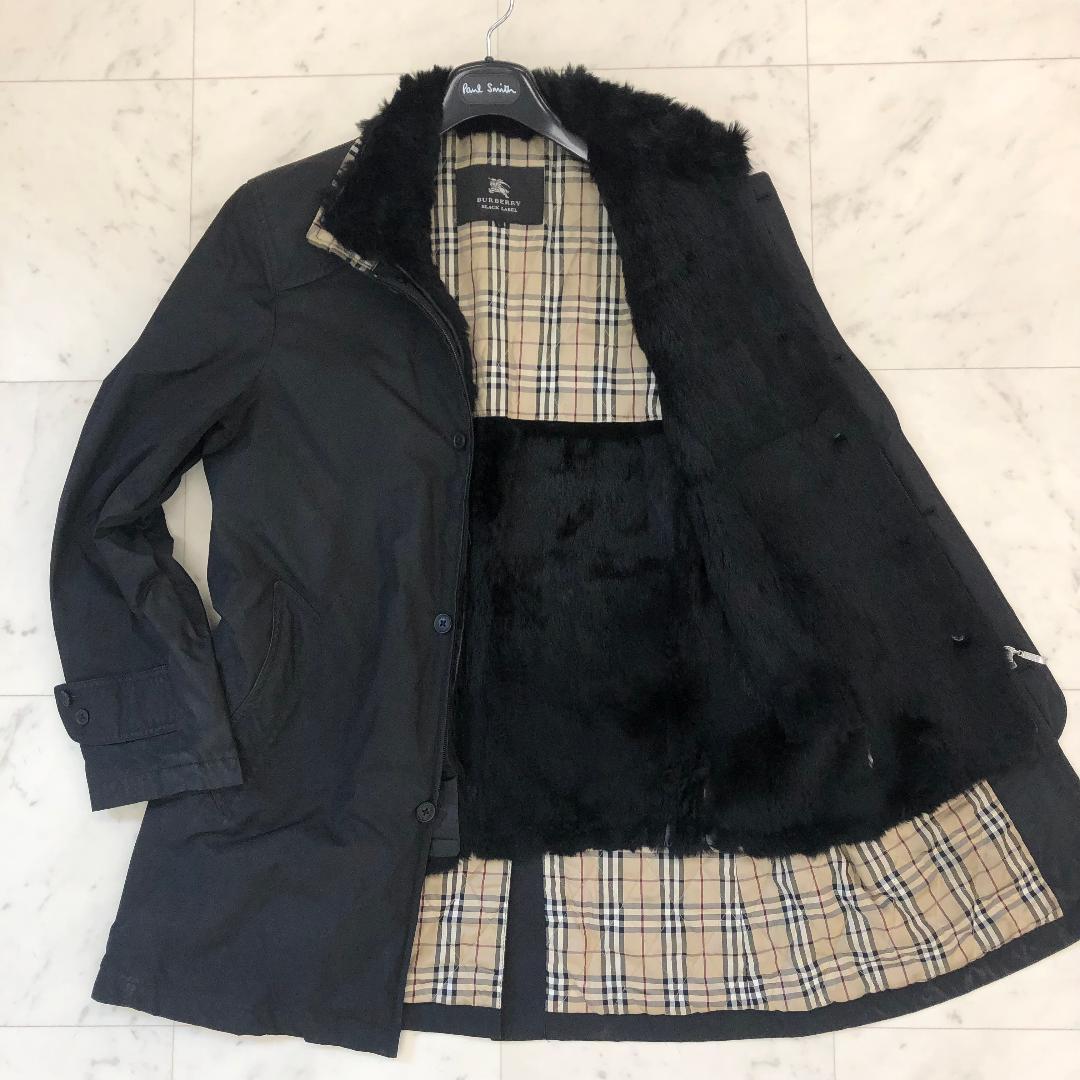 バーバリー ステンカラーコート Lサイズ ノバチェック ラビットファー 黒色 天照様専用】 バーバリーブラックレーベル ステンカラーコート ノバ