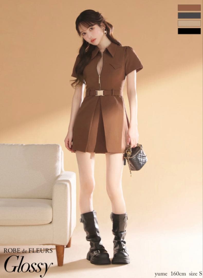 ROBE de FLEURS シャツカラーウエストベルトフレアミニキャバドレス XS～Lサイズあり】シャツカラーウエストベルトフレアミニキャバドレス