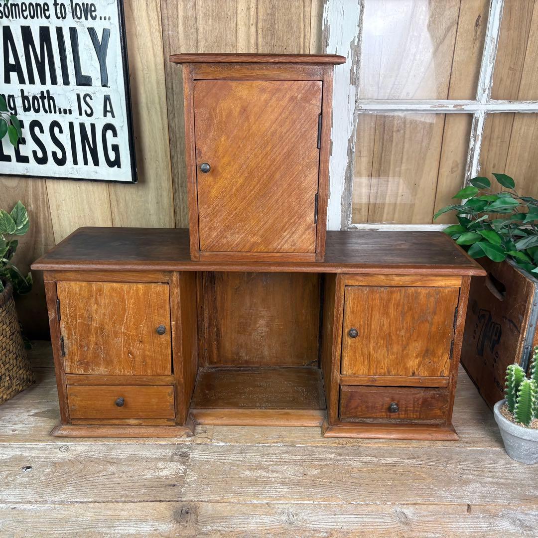 インドネシアアンティークビンテージチーク材階段型キャビネット飾り棚ディスプレイ台 チーク無垢材 ヴィンテージキャビネットZX 食器棚 ショーケース 陳列棚