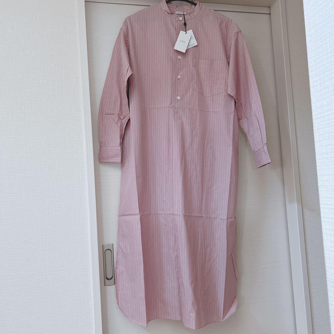 新品】LENO リノ バンドカラーシャツワンピース ピンク 00（ストライプ