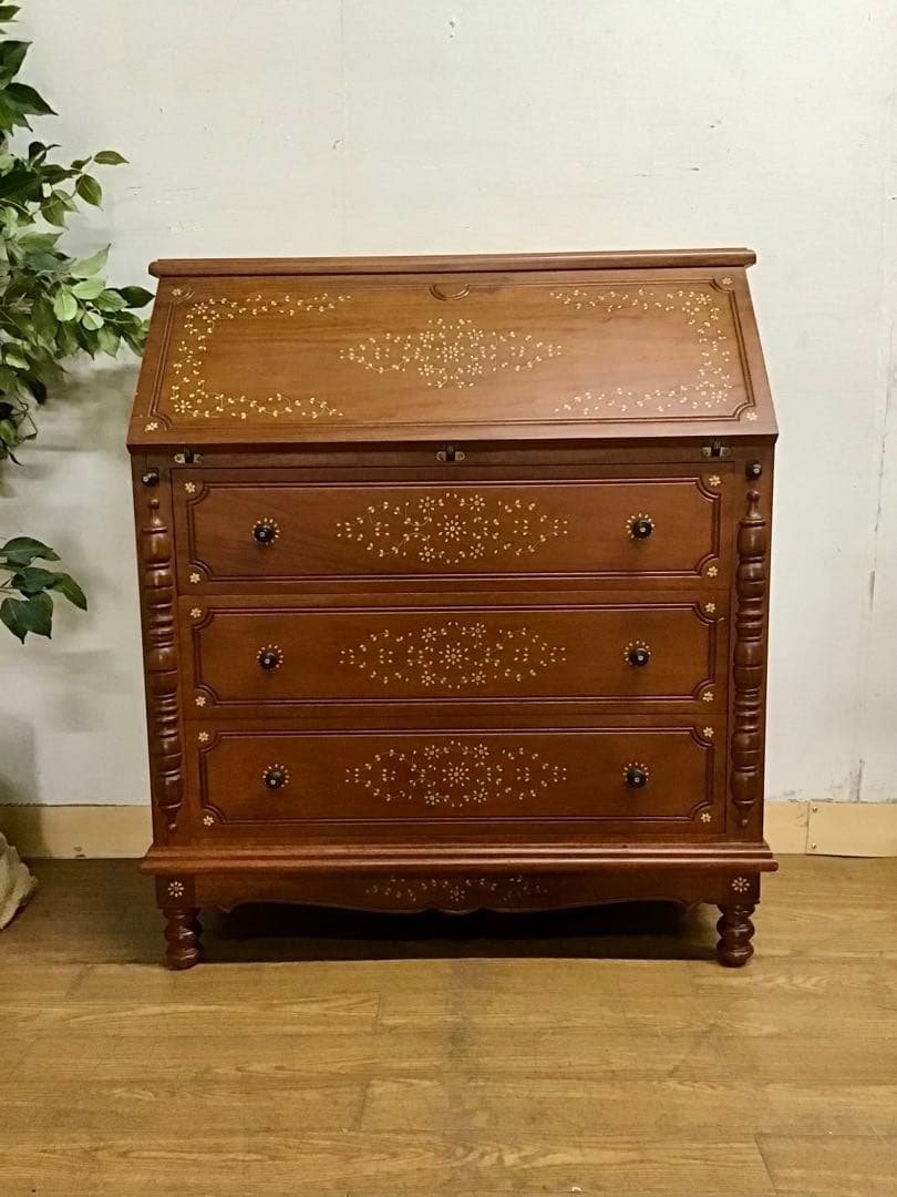 モフ☆管369☆ヨーロピアンヴィンテージ☆象嵌細工☆ライティングビューロー イタリア デスク ライティング ビューロー 3段 茶 象嵌 丸脚 完成品