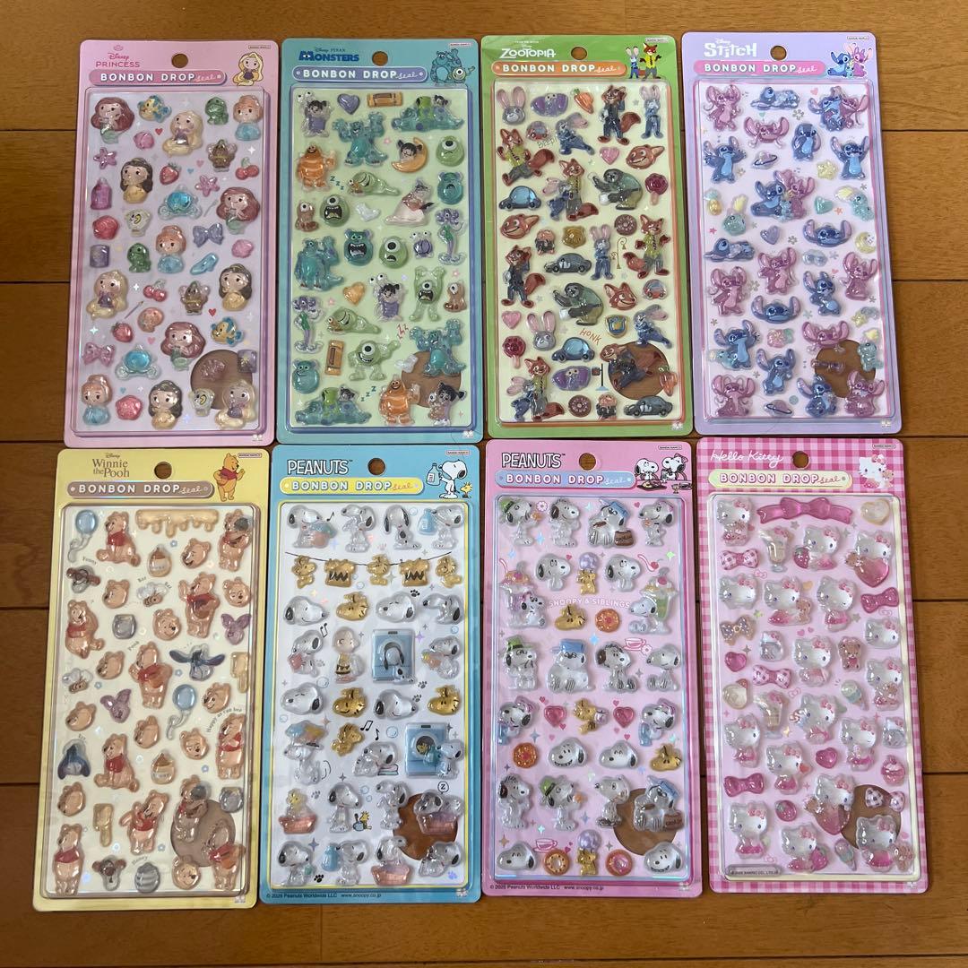 ボンボンドロップシール8点まとめ売り ディズニー多め サンリオ スヌーピー入り サンスター文具 正規品 ボンボンドロップシールmini スヌーピー