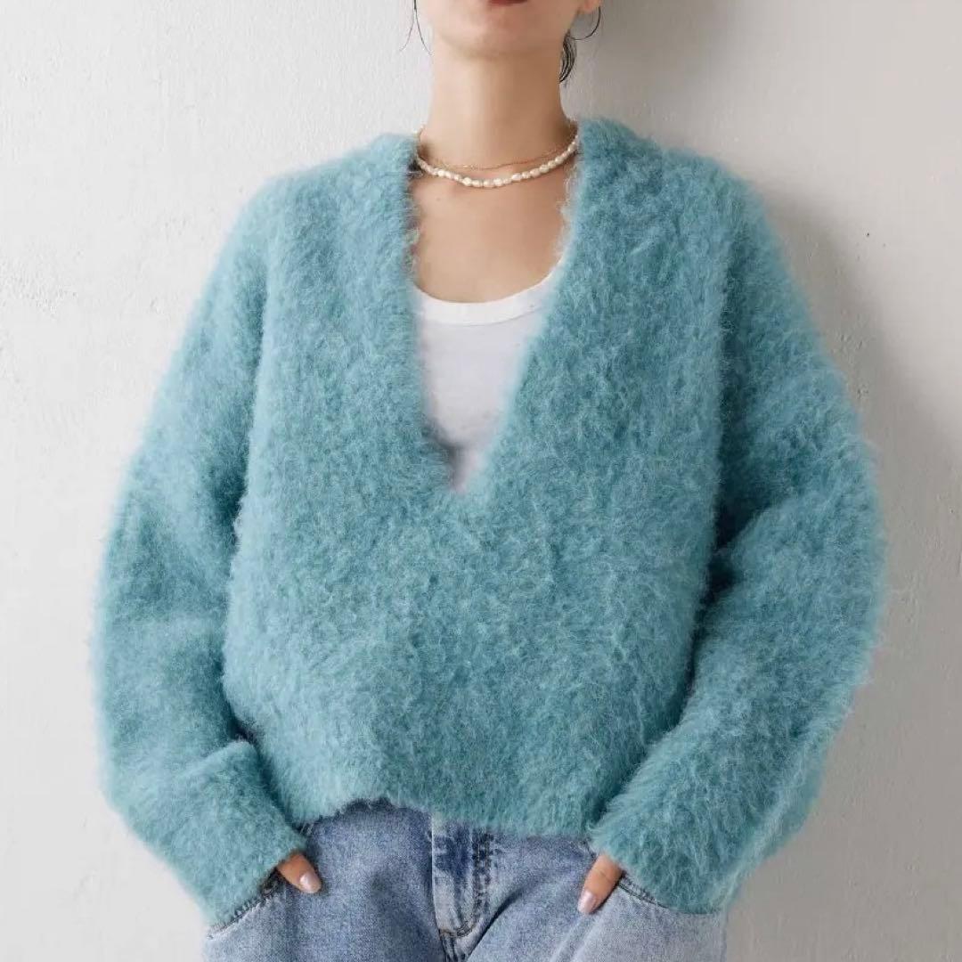 2023AW Whim Gazette ニット Vネック プルオーバー ブルー Whim Gazette（ウィム ガゼット） ニット フォックスウールVネックプル