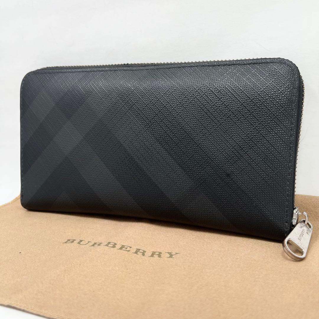 【美品】バーバリー　長財布　シャドーチェック　ラウンドファスナー 希少 ブラック バーバリー BURBERRY 財布 長財布 ラウンドファスナー長財布 小銭入れ
