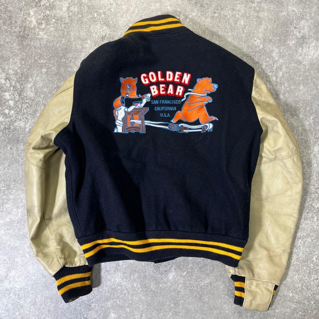 90s USA製 GOLDEN BEAR スタジャン M 刺繍 袖レザー 紺 - メルカリ