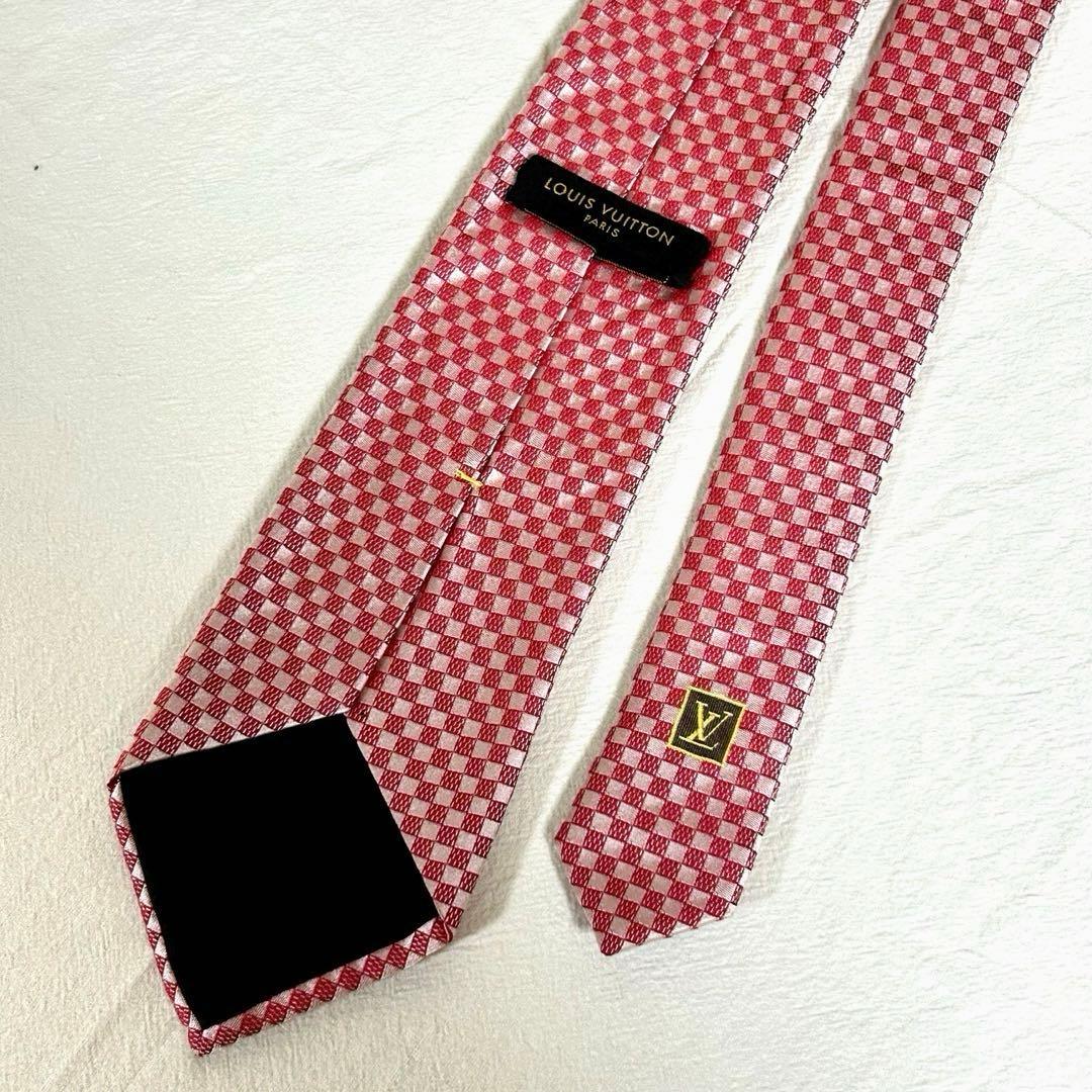 美品】ルイヴィトン ネクタイ 赤×白 ダミエ LVロゴ 刺繍 シルク 厚地