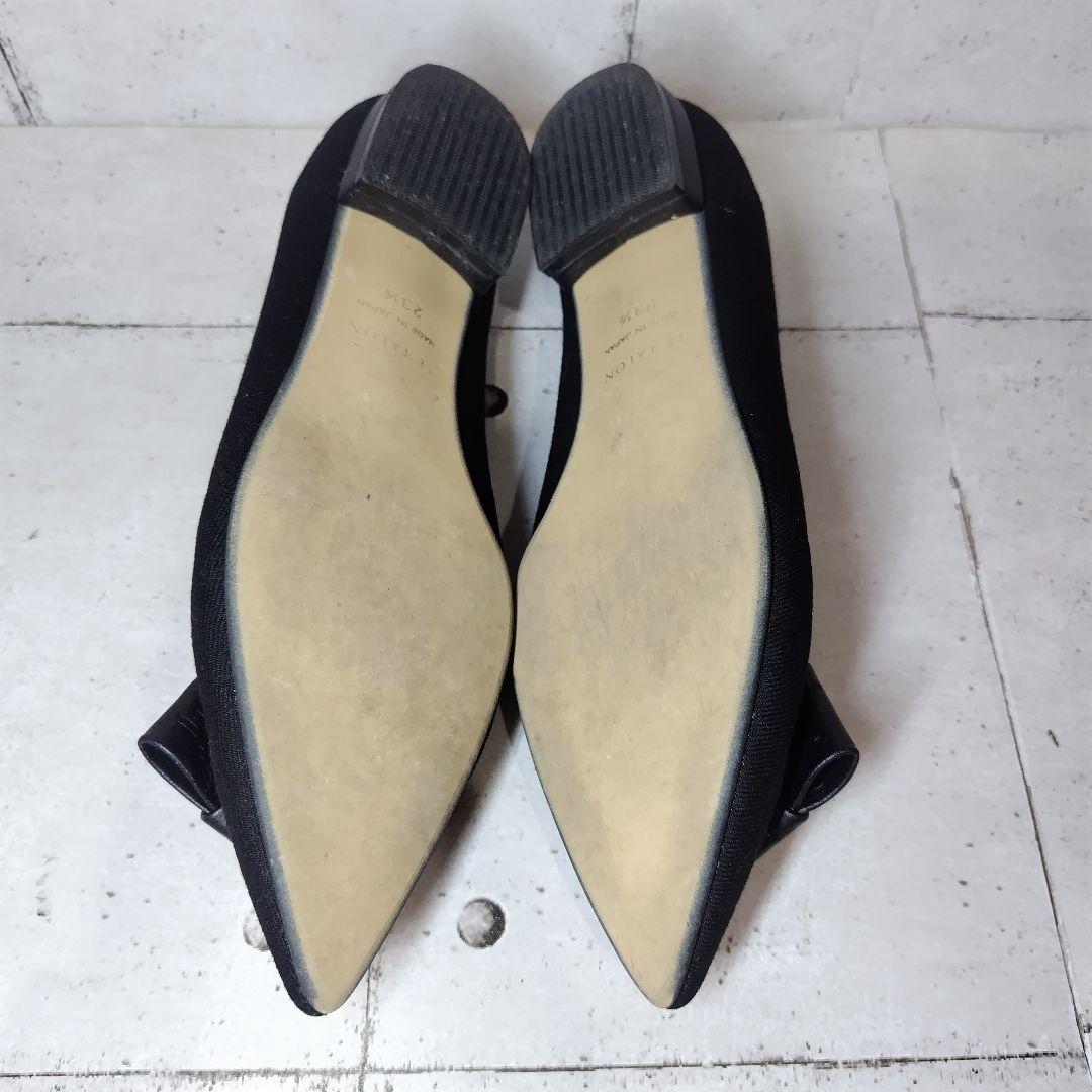 美品】 ルタロン ポインテッドトゥ リボン フラットシューズ 黒 23.5cm